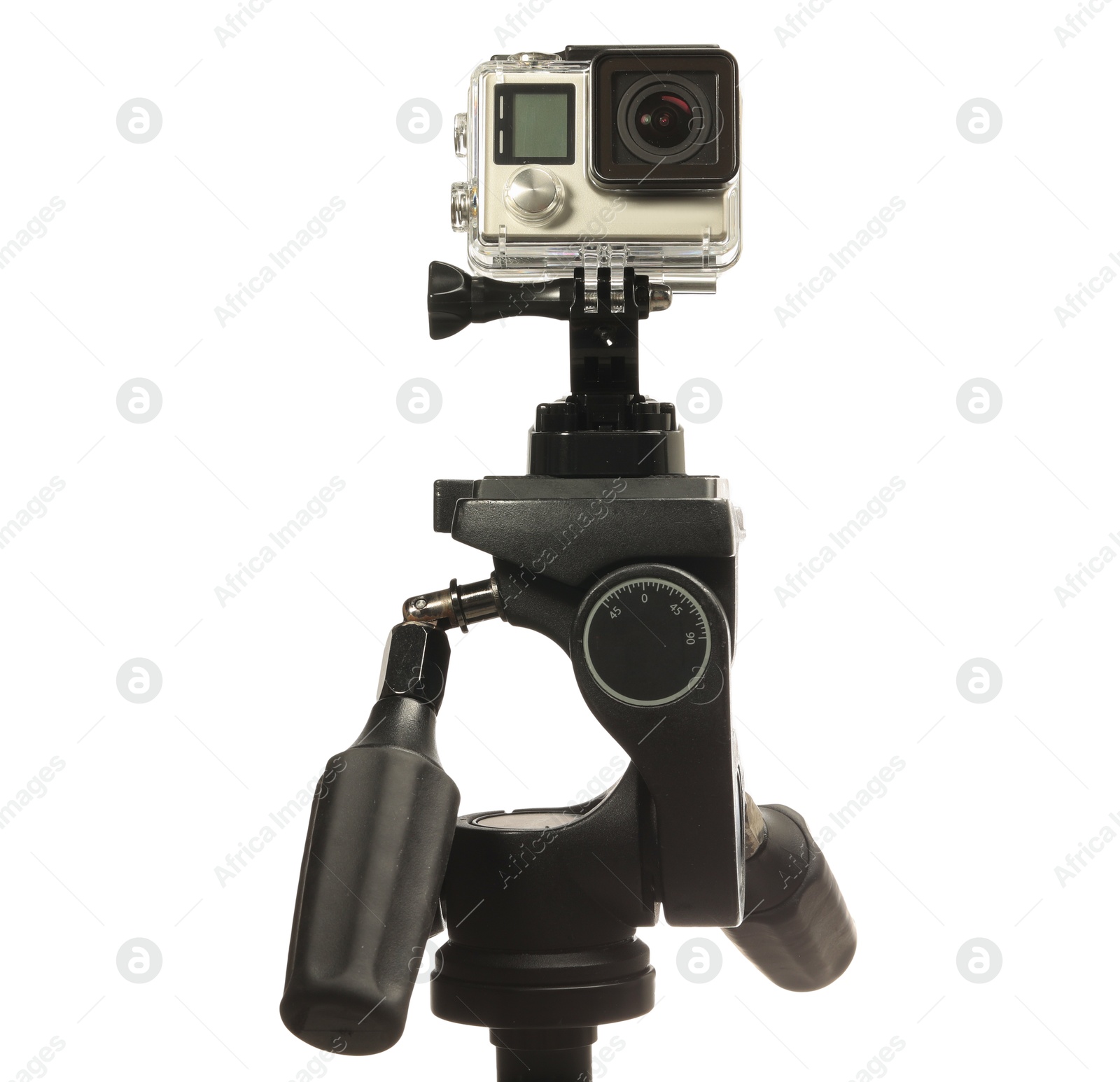 Photo of Modern action camera and stabilizer isolated on white