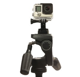 Modern action camera and stabilizer isolated on white