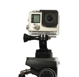 Photo of Modern action camera and stabilizer isolated on white