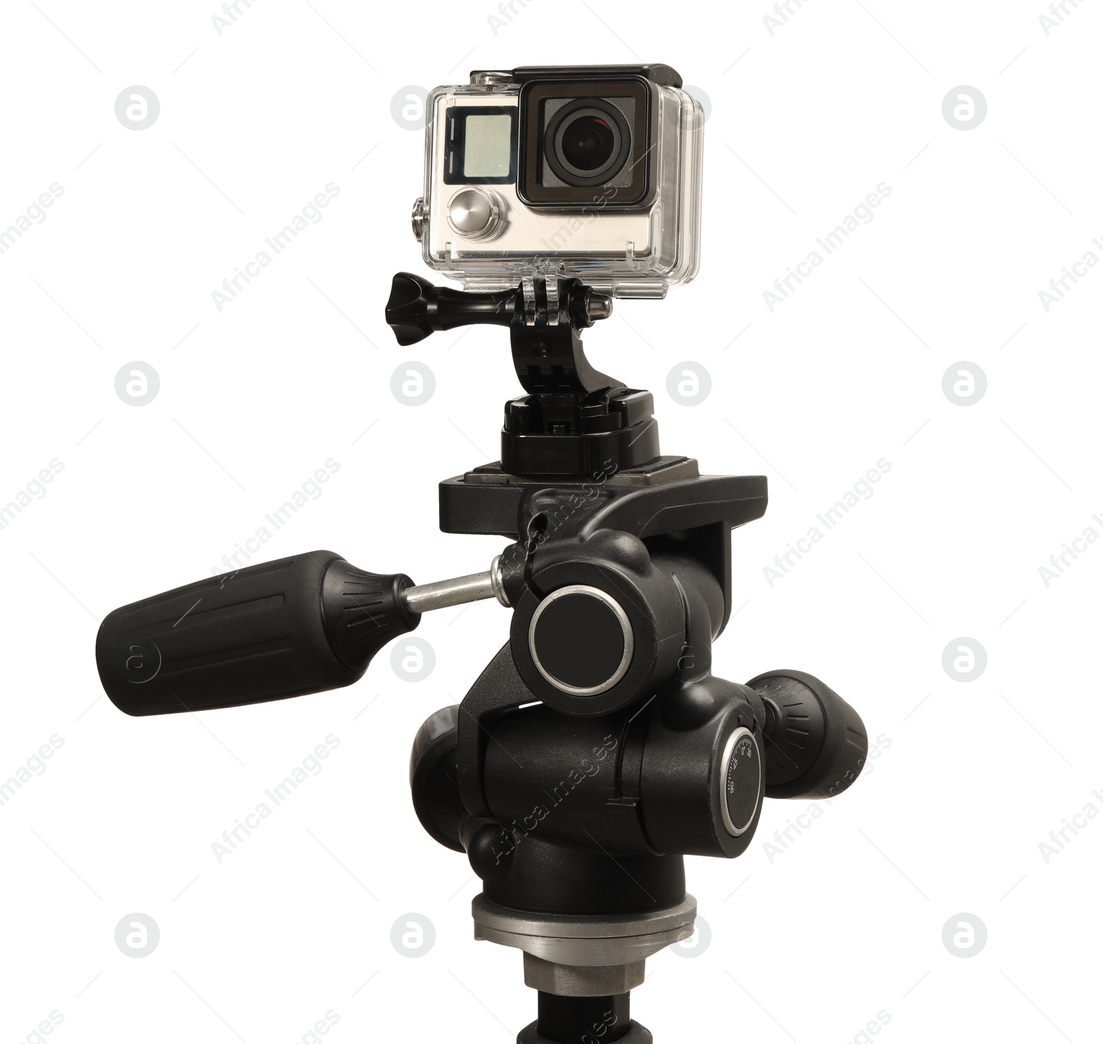 Photo of Modern action camera and stabilizer isolated on white