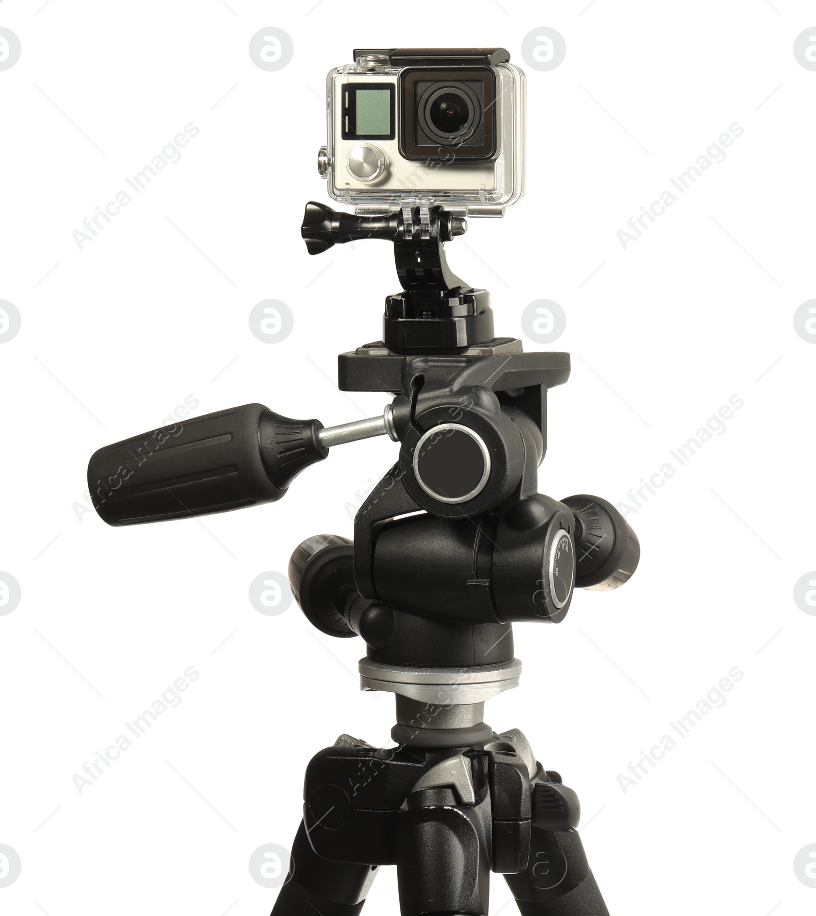 Photo of Modern action camera, mounts and tripod isolated on white