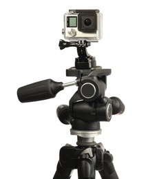 Photo of Modern action camera, mounts and tripod isolated on white