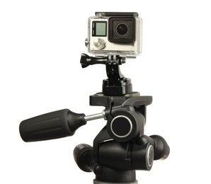 Modern action camera and stabilizer isolated on white