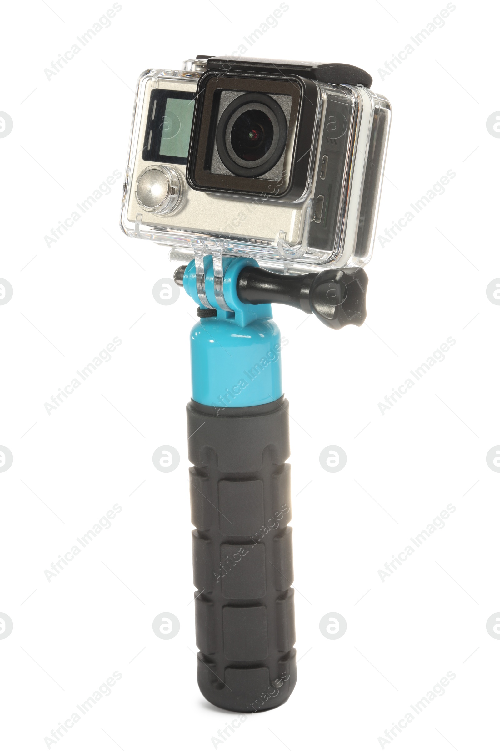 Photo of Modern action camera and monopod isolated on white