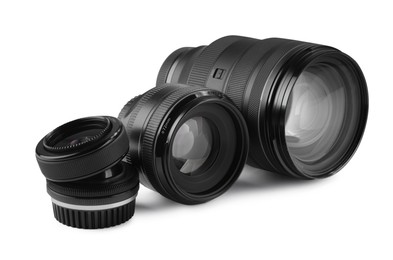 Camera lens isolated on white. Photographer's equipment