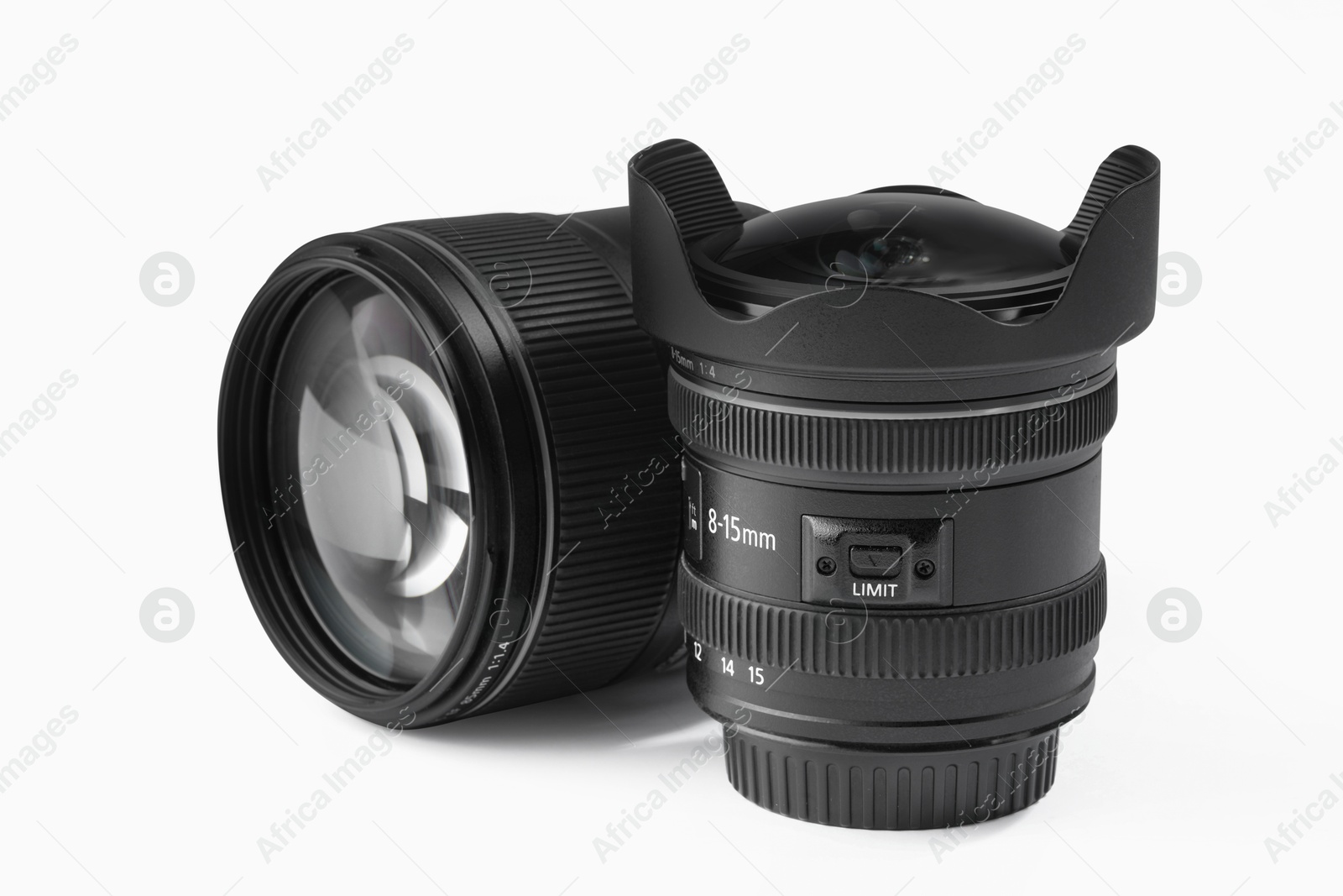 Photo of Camera lens on white background. Photographer's equipment