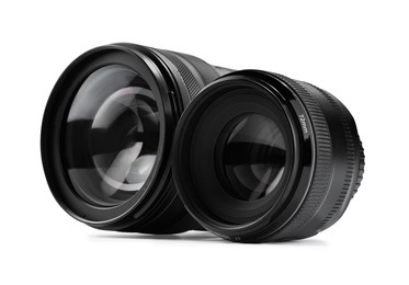 Camera lens isolated on white. Photographer's equipment