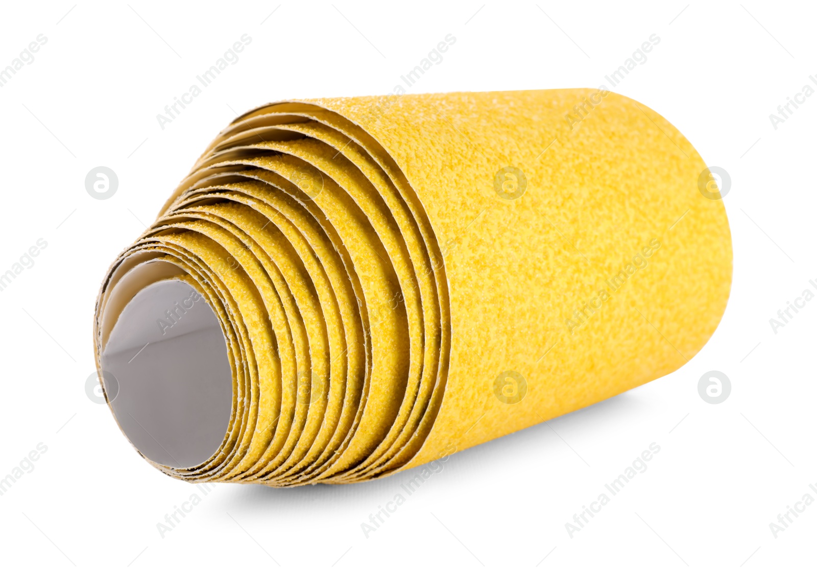 Photo of Rolled sheet of sandpaper isolated on white