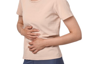 Photo of Indigestion problem. Woman suffering from stomachache, closeup