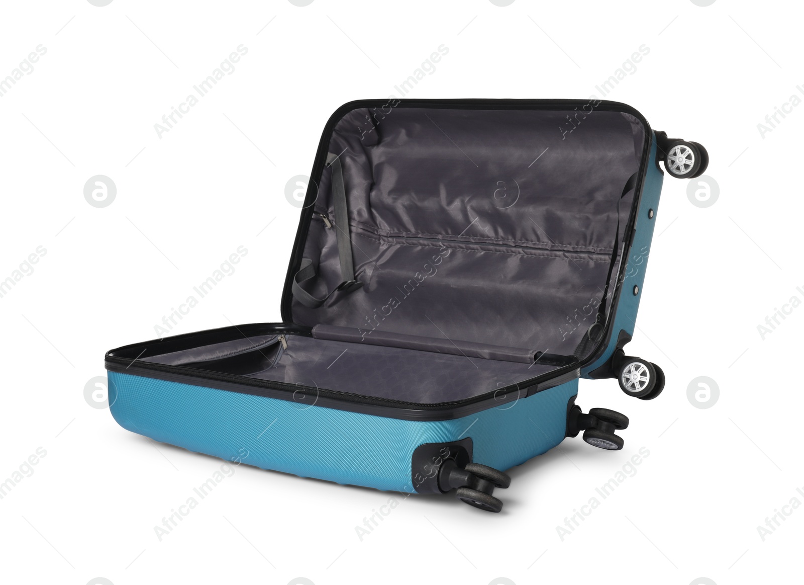 Photo of Open empty suitcase for travelling isolated on white