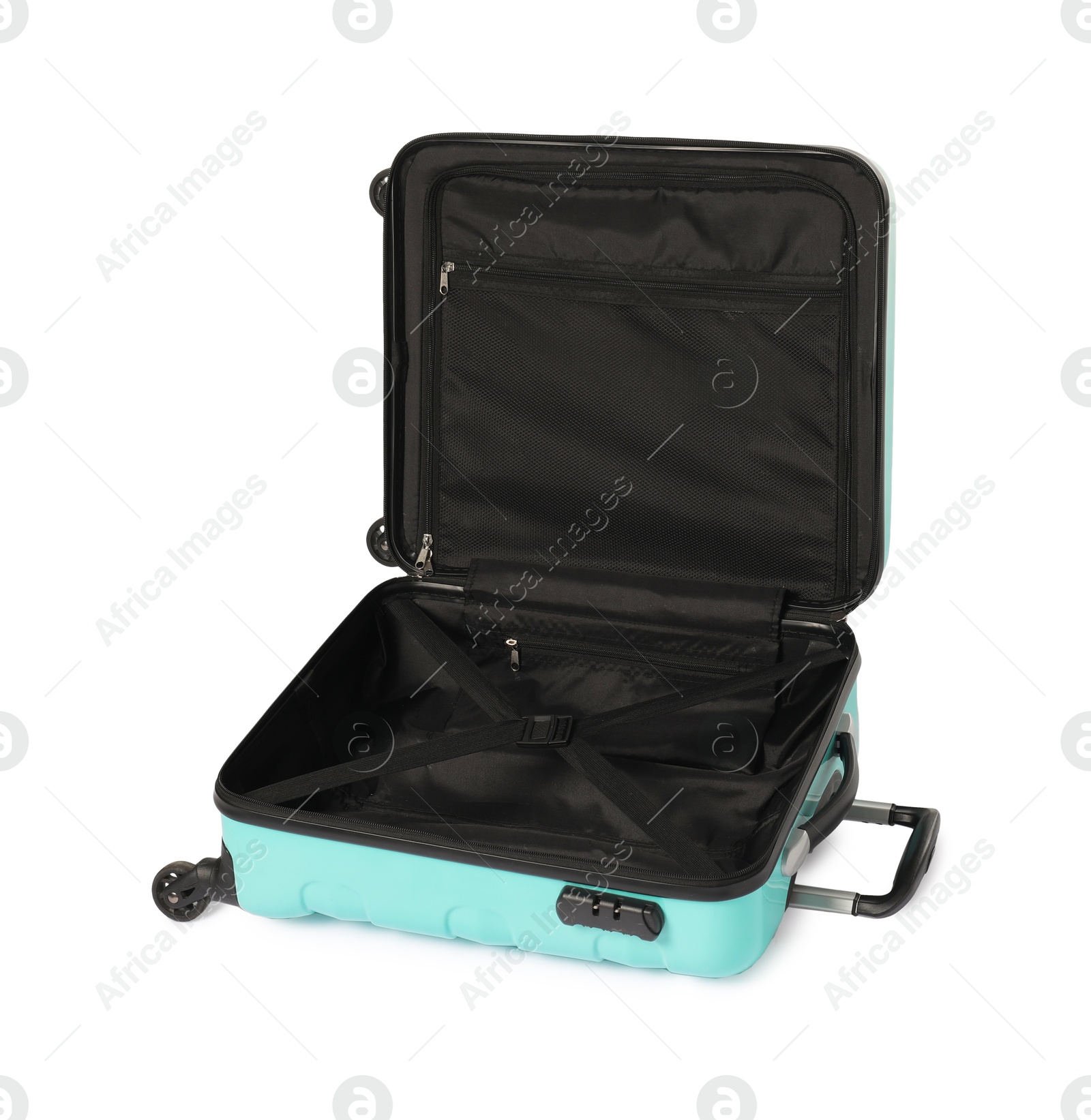 Photo of Open empty suitcase for travelling isolated on white