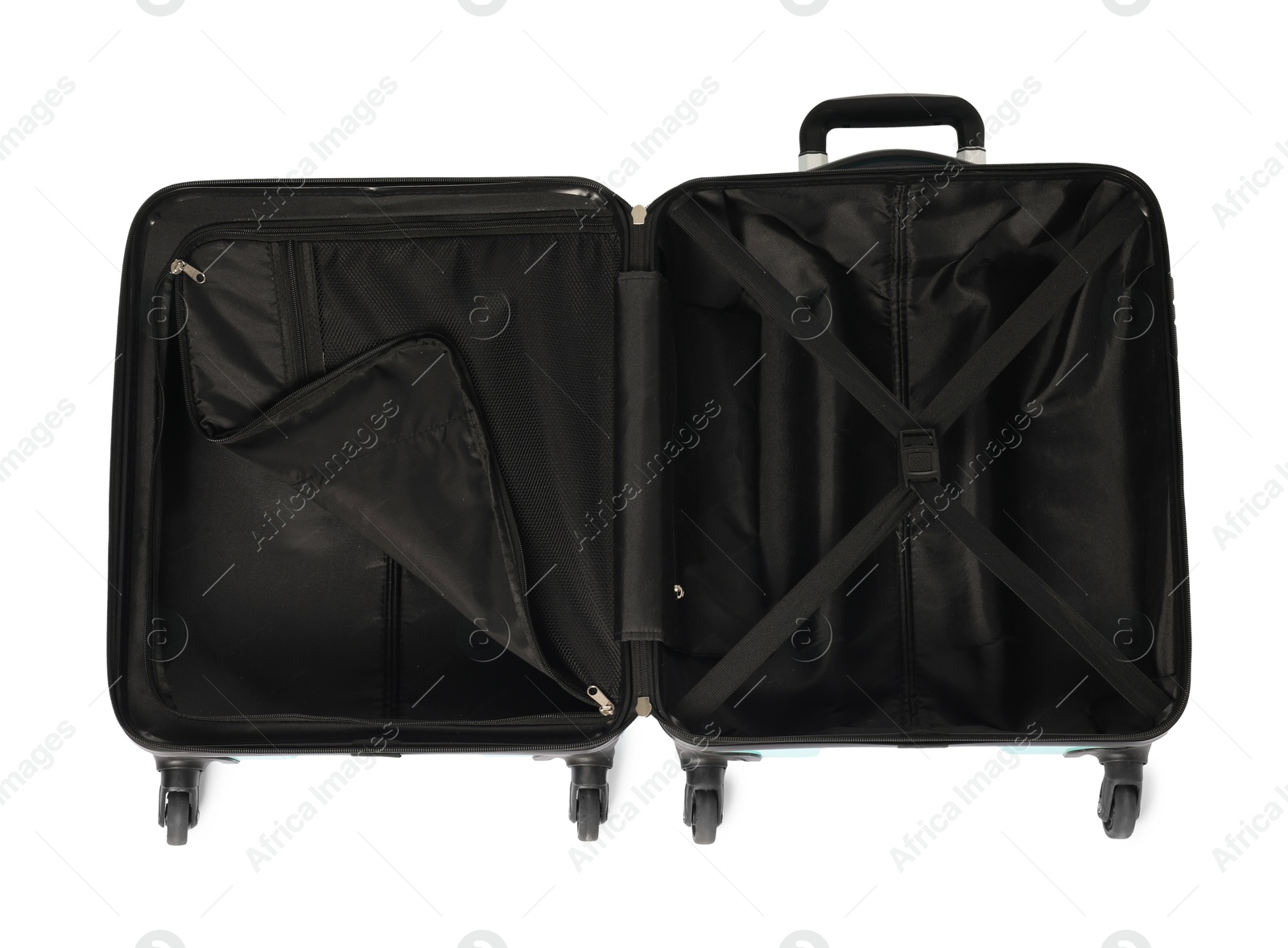 Photo of Open empty suitcase for travelling isolated on white, top view