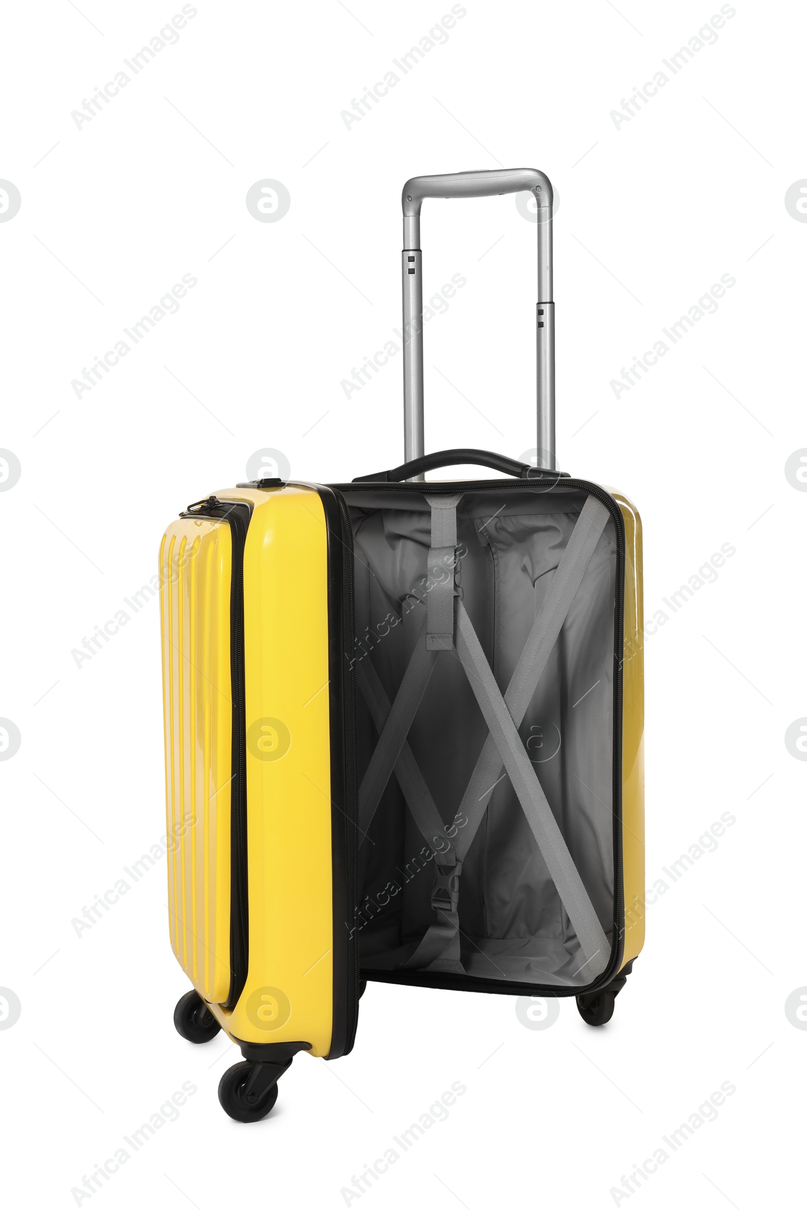 Photo of Open empty suitcase for travelling isolated on white