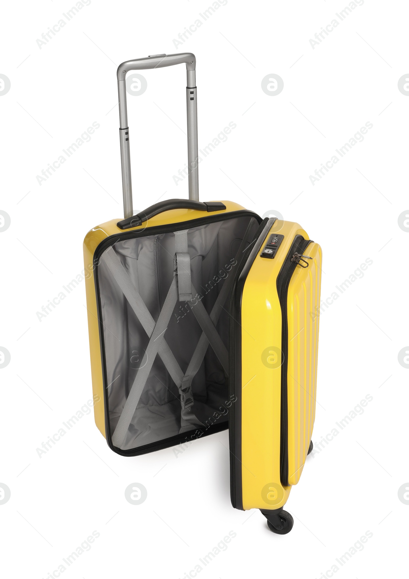 Photo of Open empty suitcase for travelling isolated on white