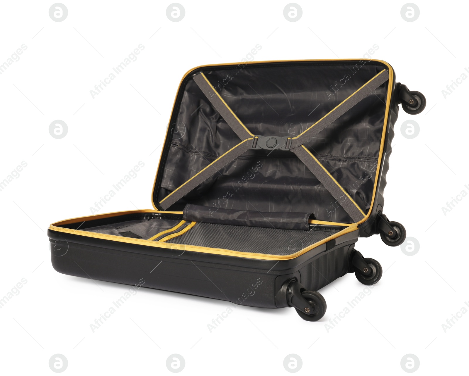 Photo of Open empty suitcase for travelling isolated on white