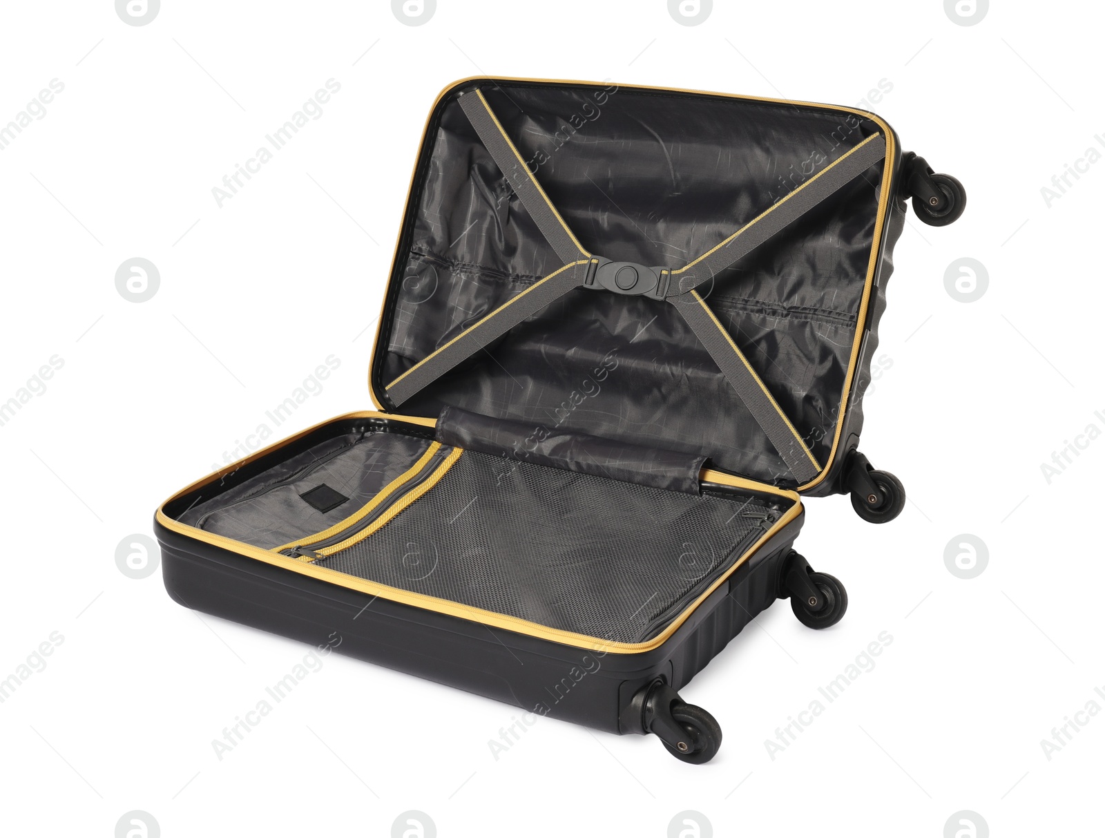 Photo of Open empty suitcase for travelling isolated on white