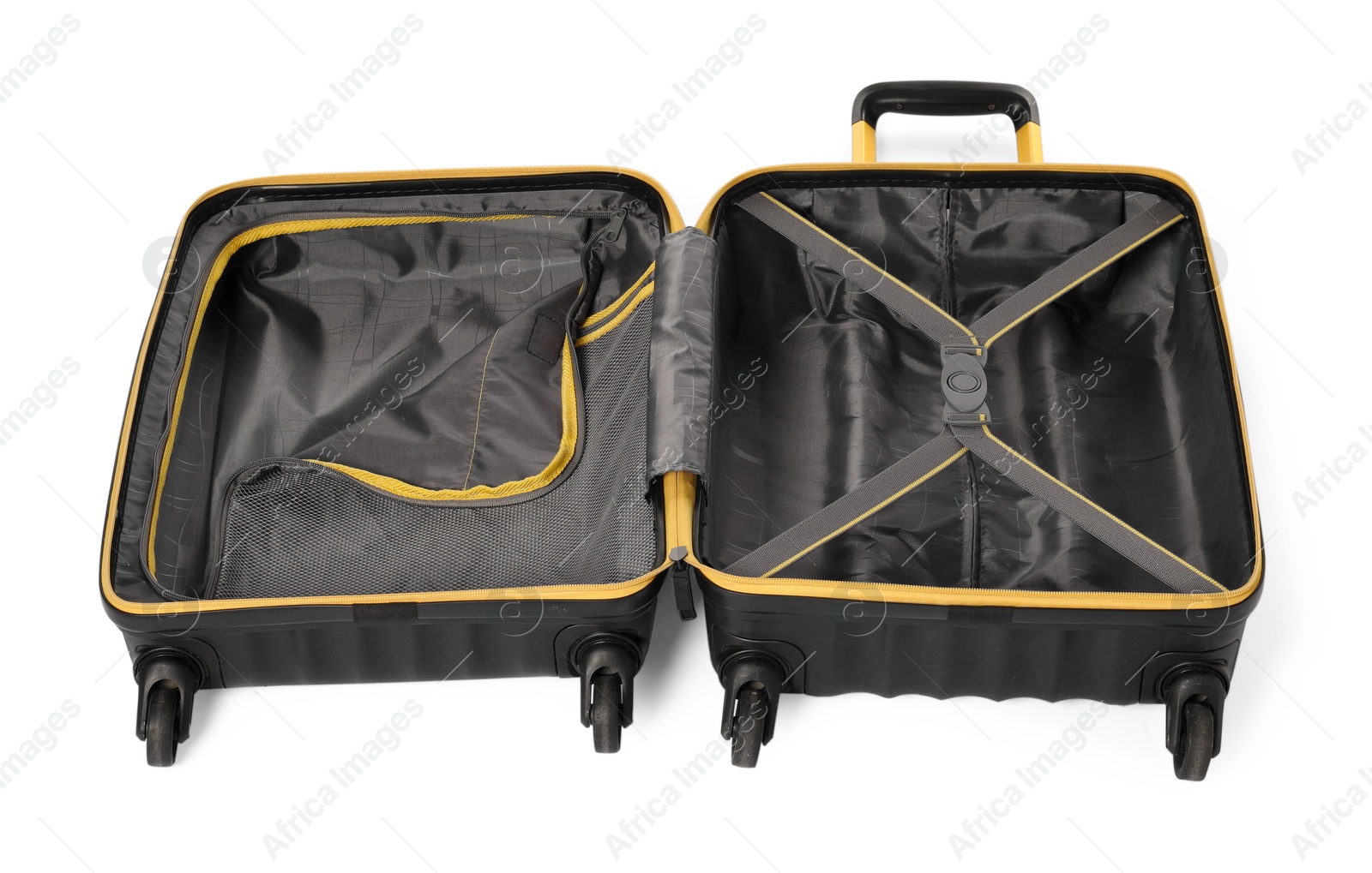 Photo of Open empty suitcase for travelling isolated on white