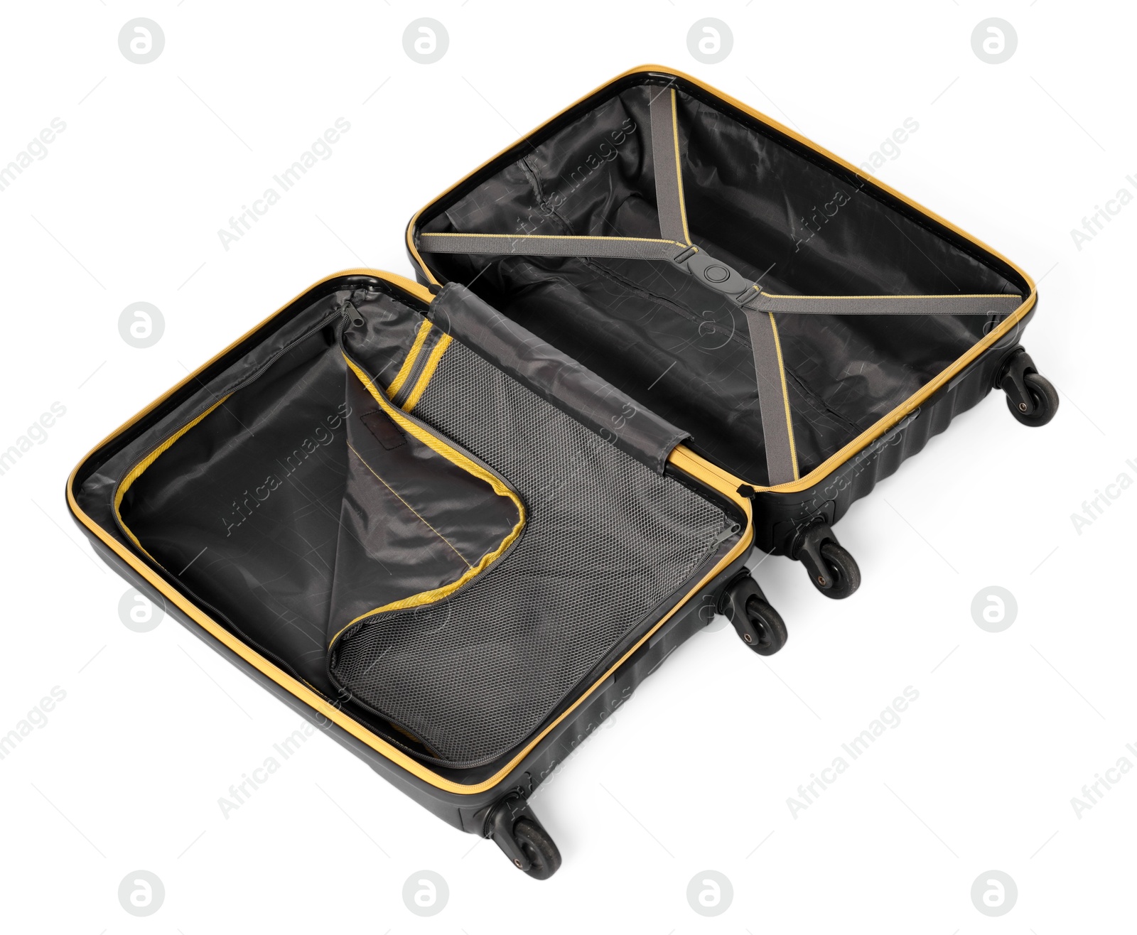 Photo of Open empty suitcase for travelling isolated on white