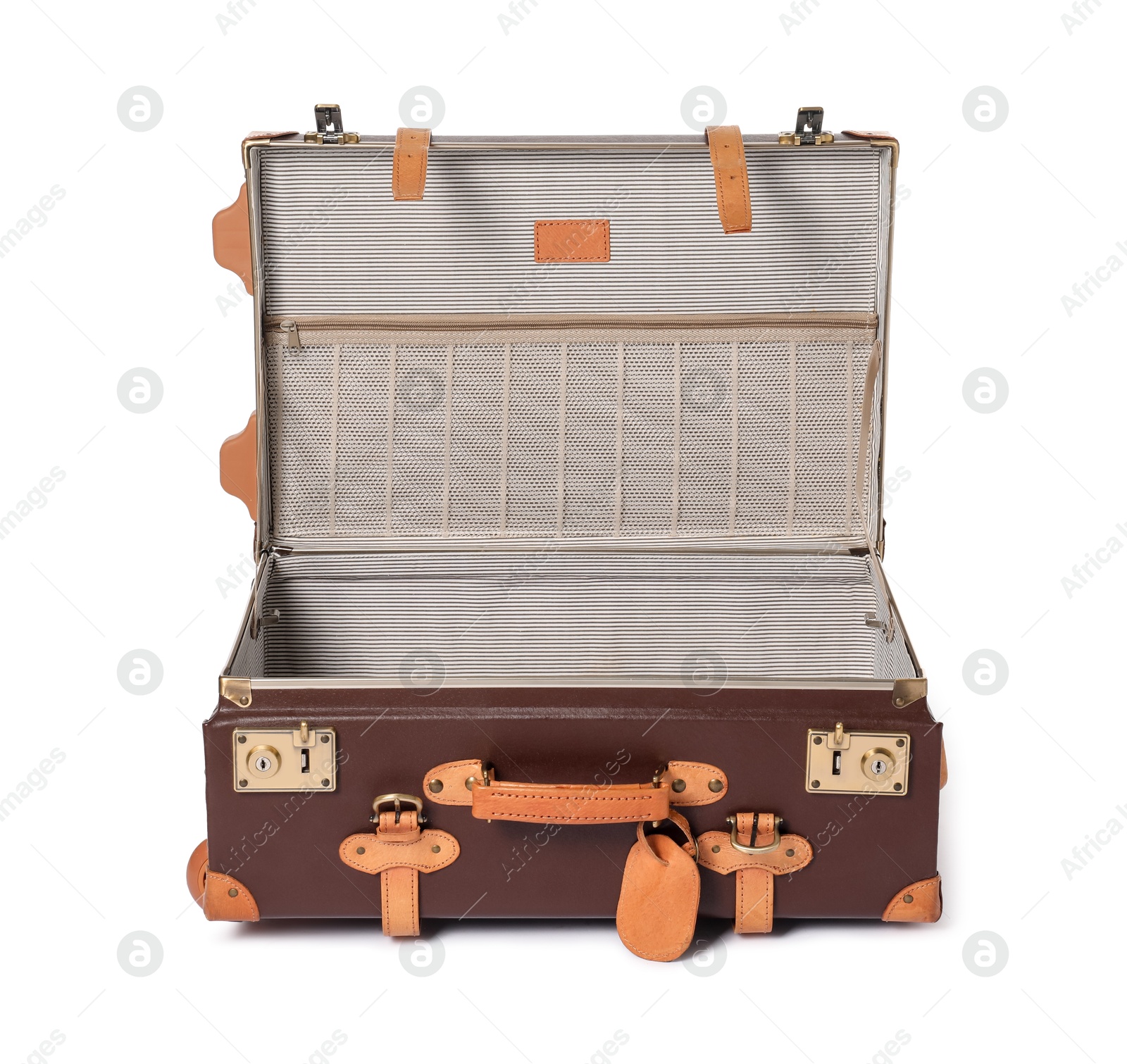 Photo of Open empty suitcase for travelling isolated on white