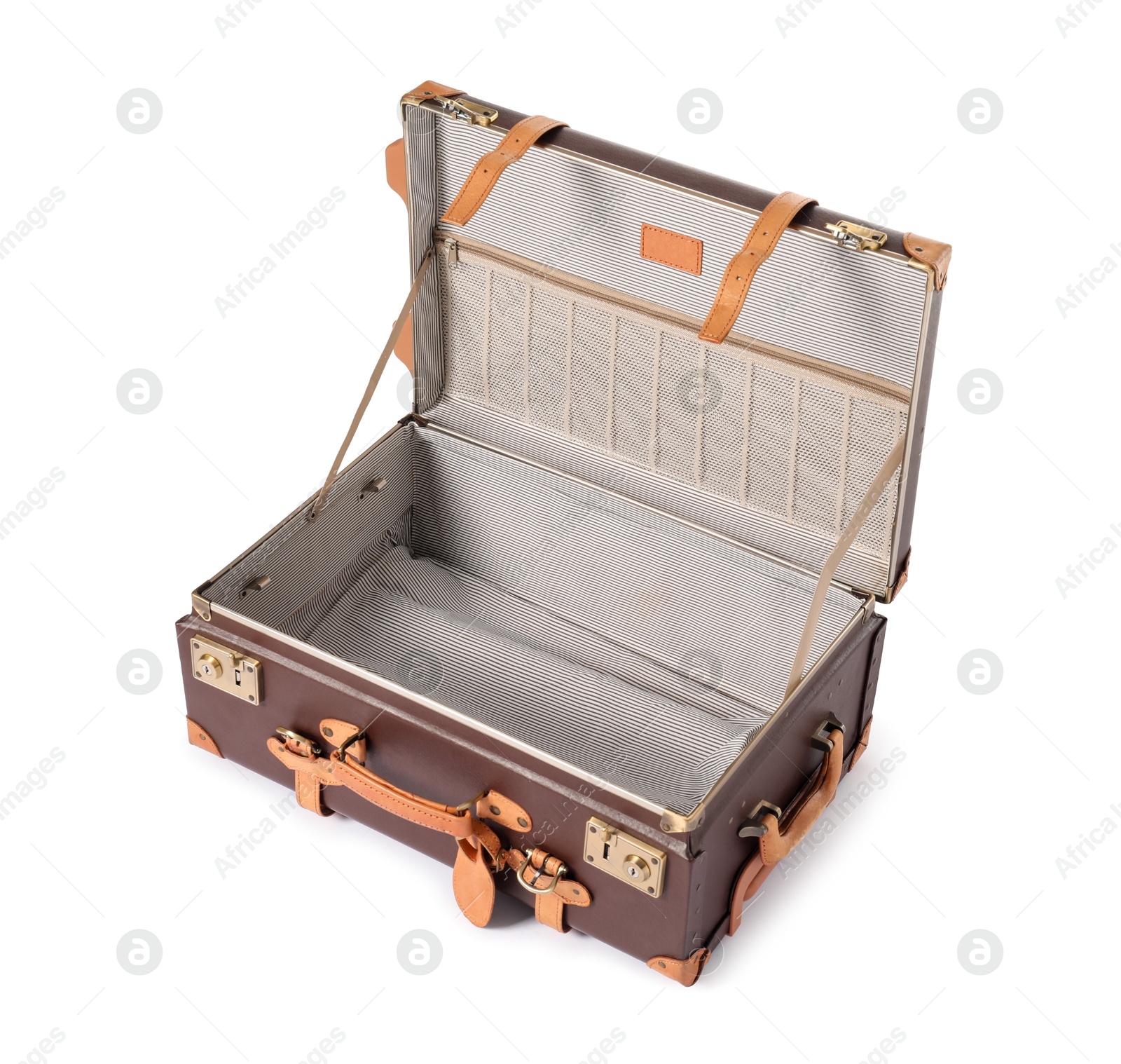 Photo of Open empty suitcase for travelling isolated on white