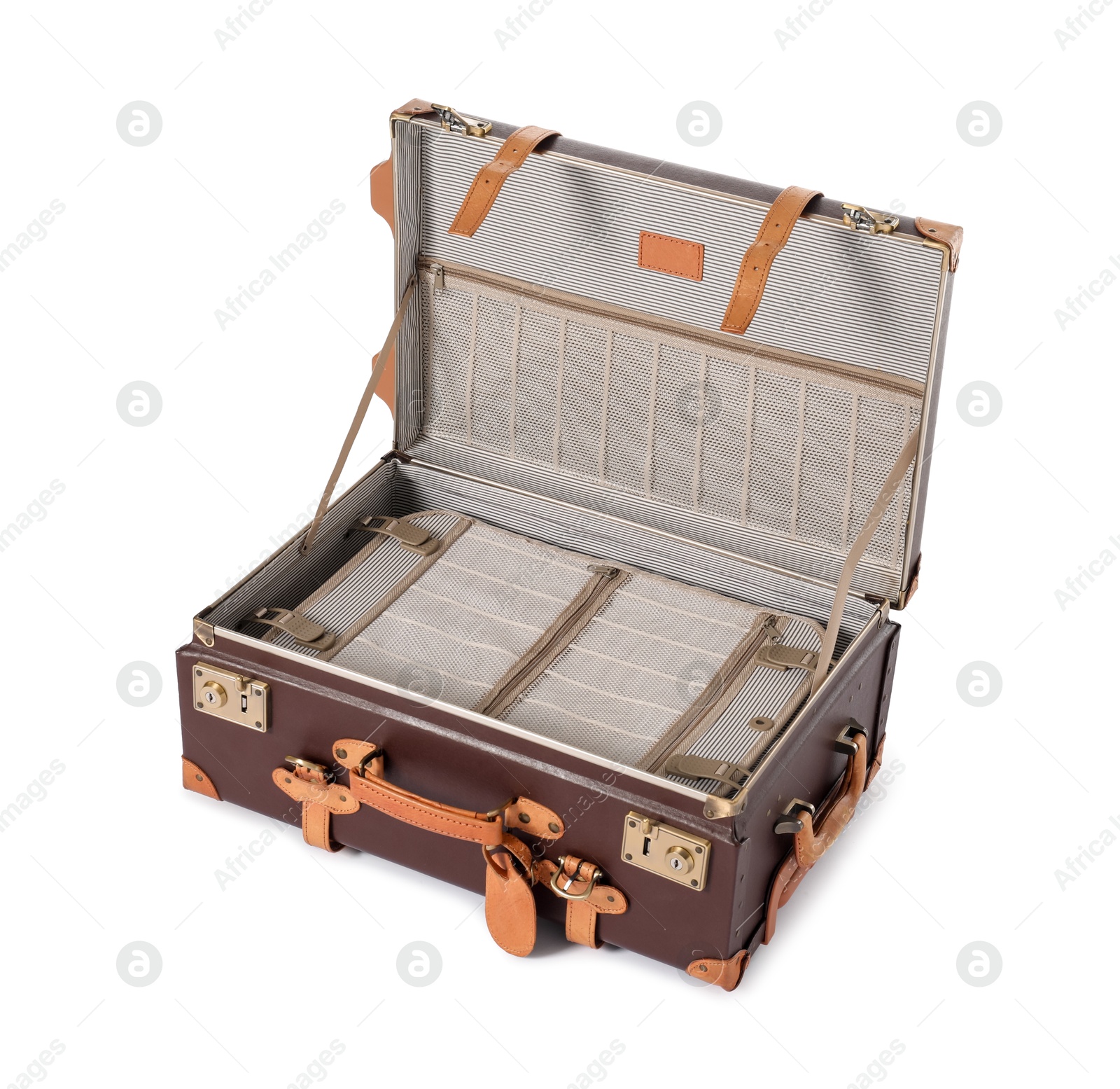 Photo of Open empty suitcase for travelling isolated on white