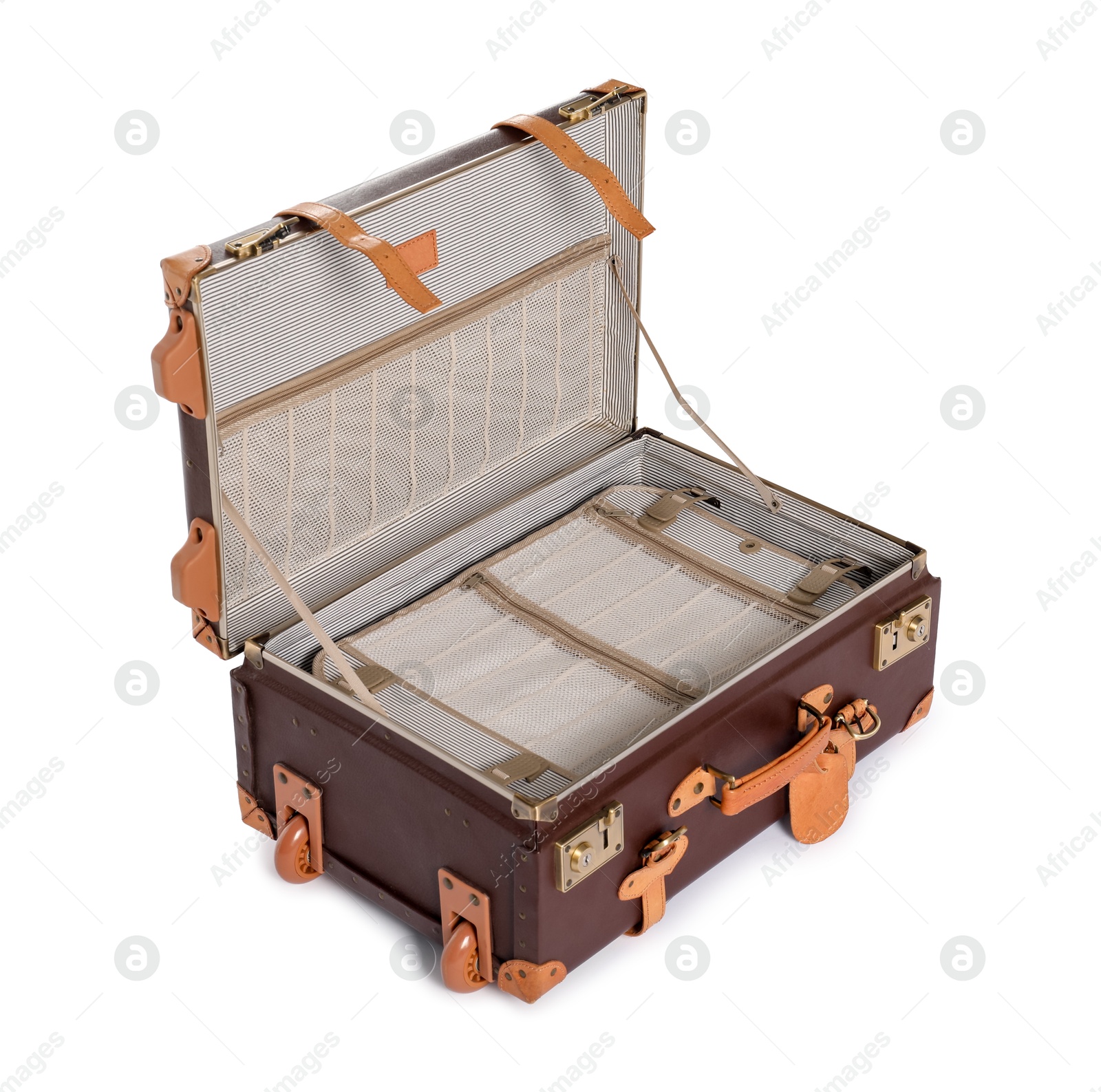 Photo of Open empty suitcase for travelling isolated on white