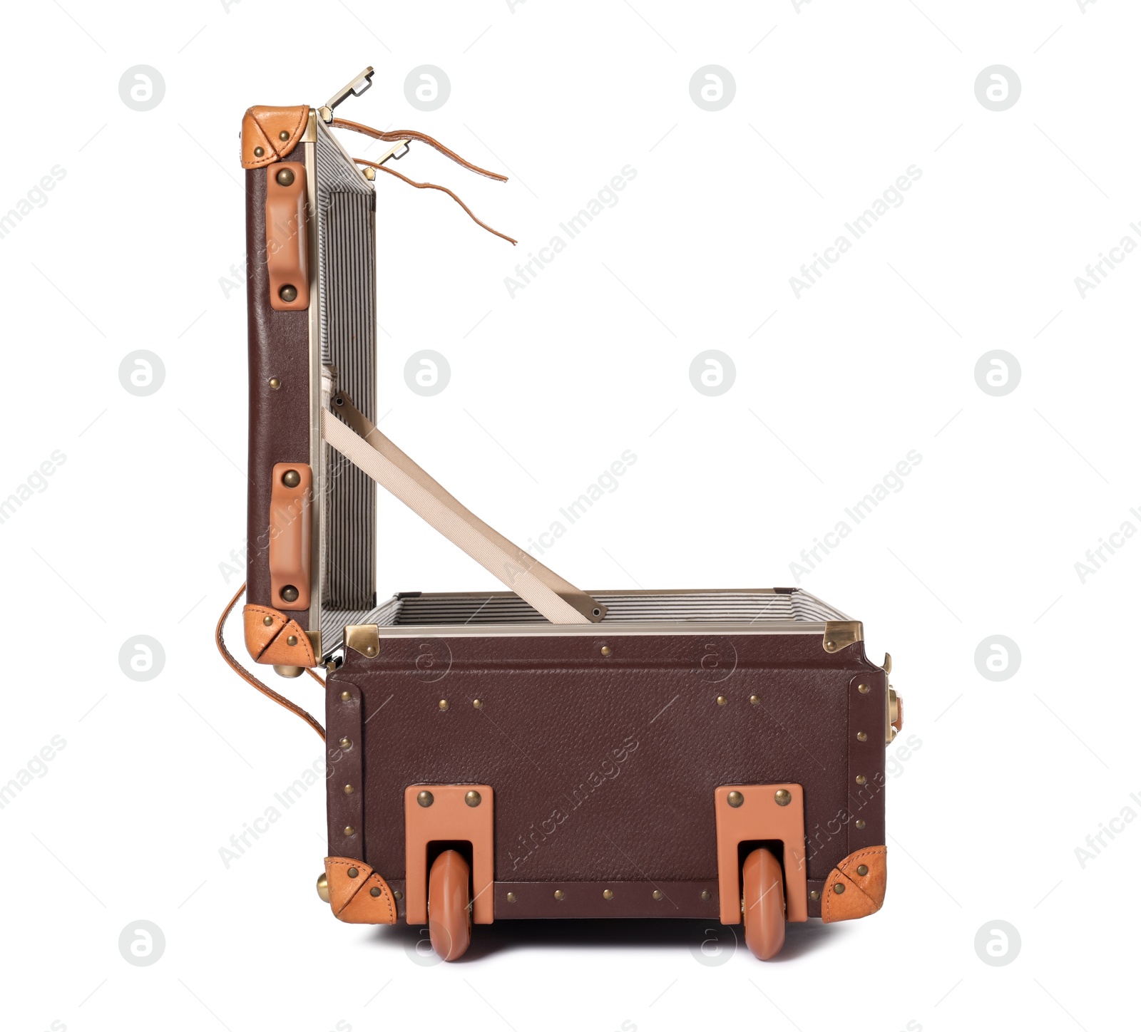 Photo of Open empty suitcase for travelling isolated on white