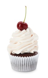 Delicious cupcake with cream and cherry isolated on white