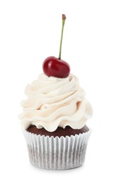 Photo of Delicious cupcake with cream and cherry isolated on white