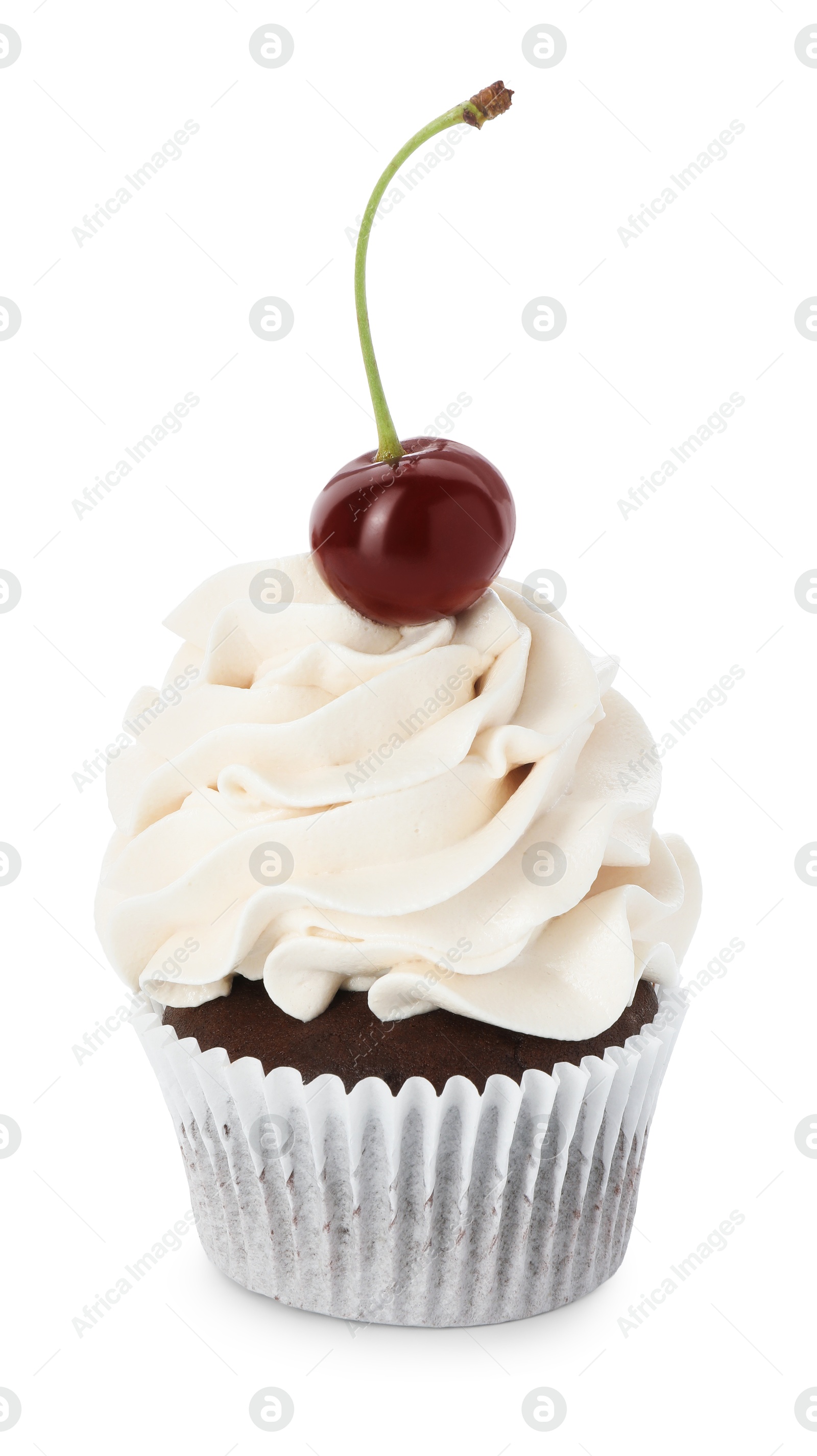 Photo of Delicious cupcake with cream and cherry isolated on white