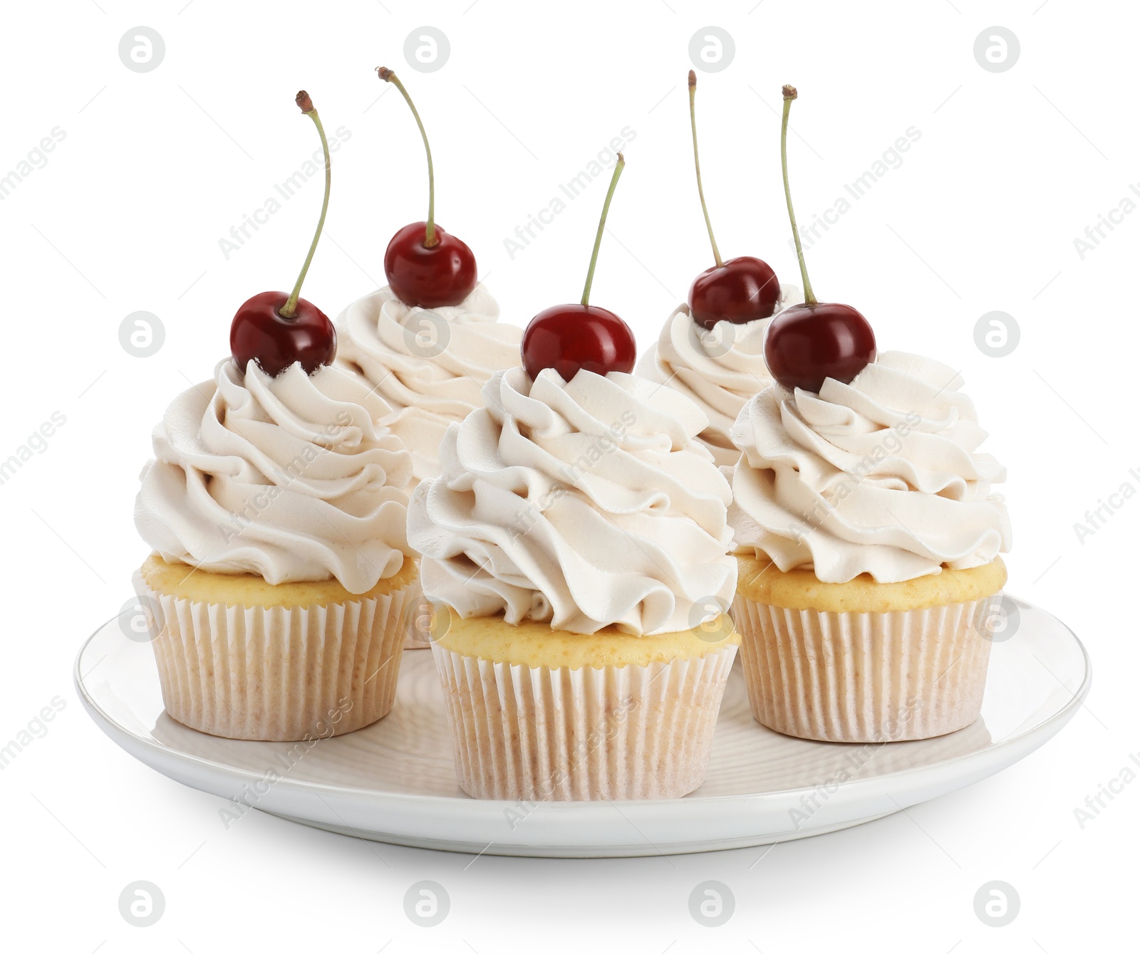 Photo of Delicious cupcakes with cream and cherries isolated on white