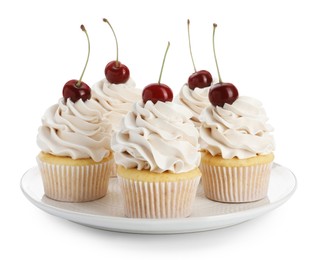 Delicious cupcakes with cream and cherries isolated on white