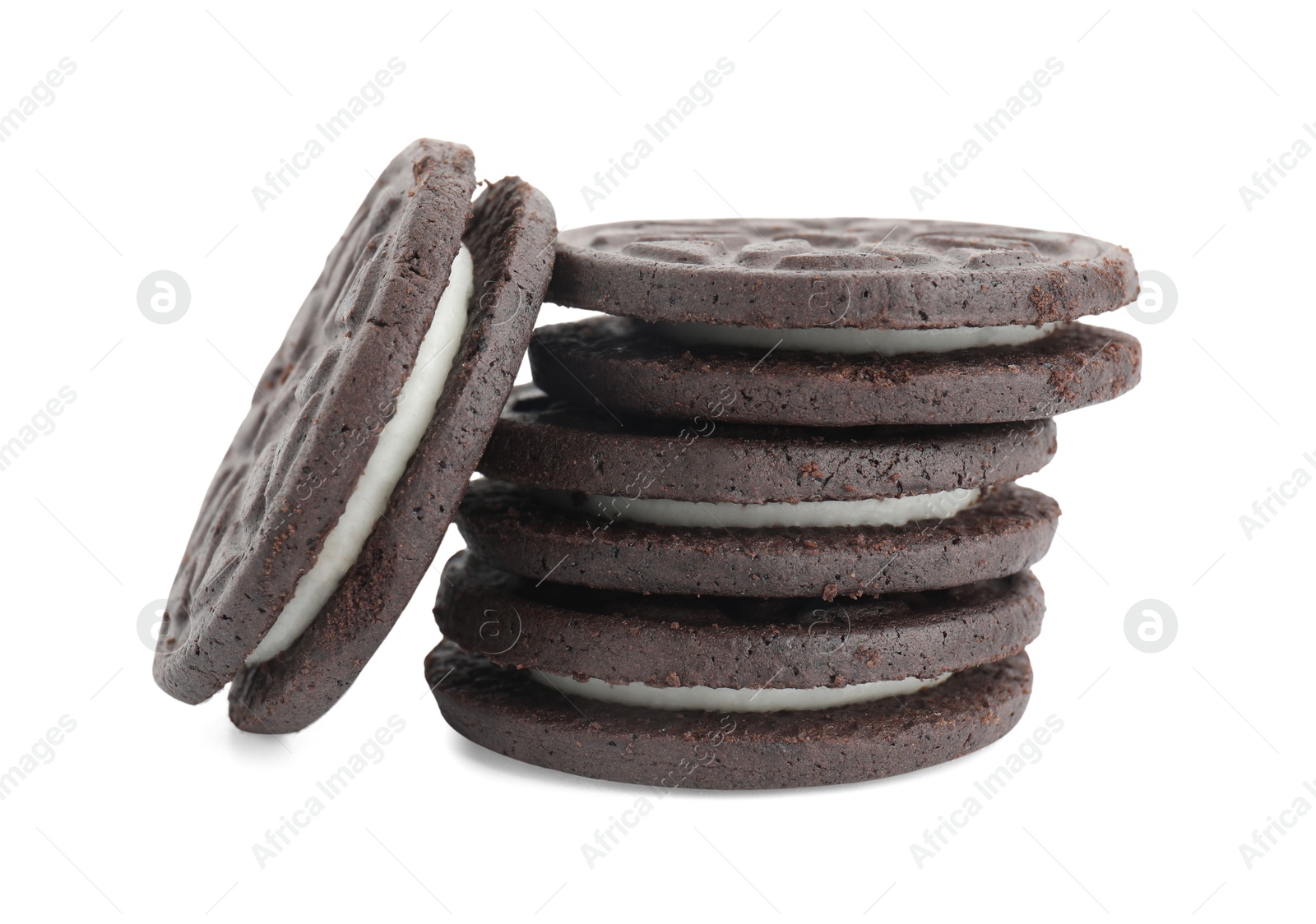 Photo of Many tasty sandwich cookies isolated on white