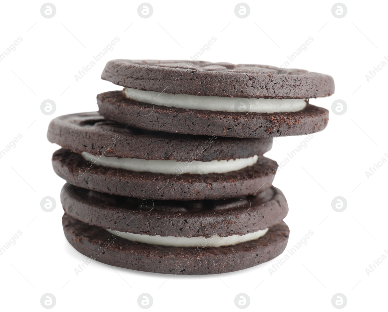 Photo of Three tasty sandwich cookies isolated on white