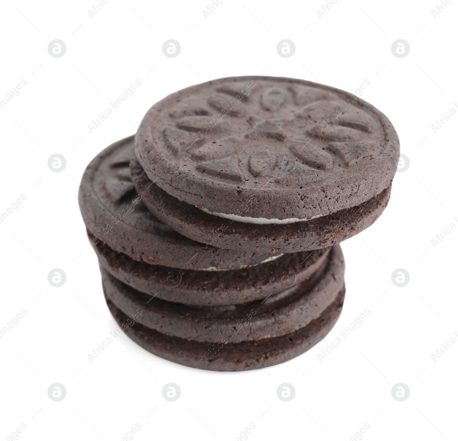 Photo of Three tasty sandwich cookies isolated on white