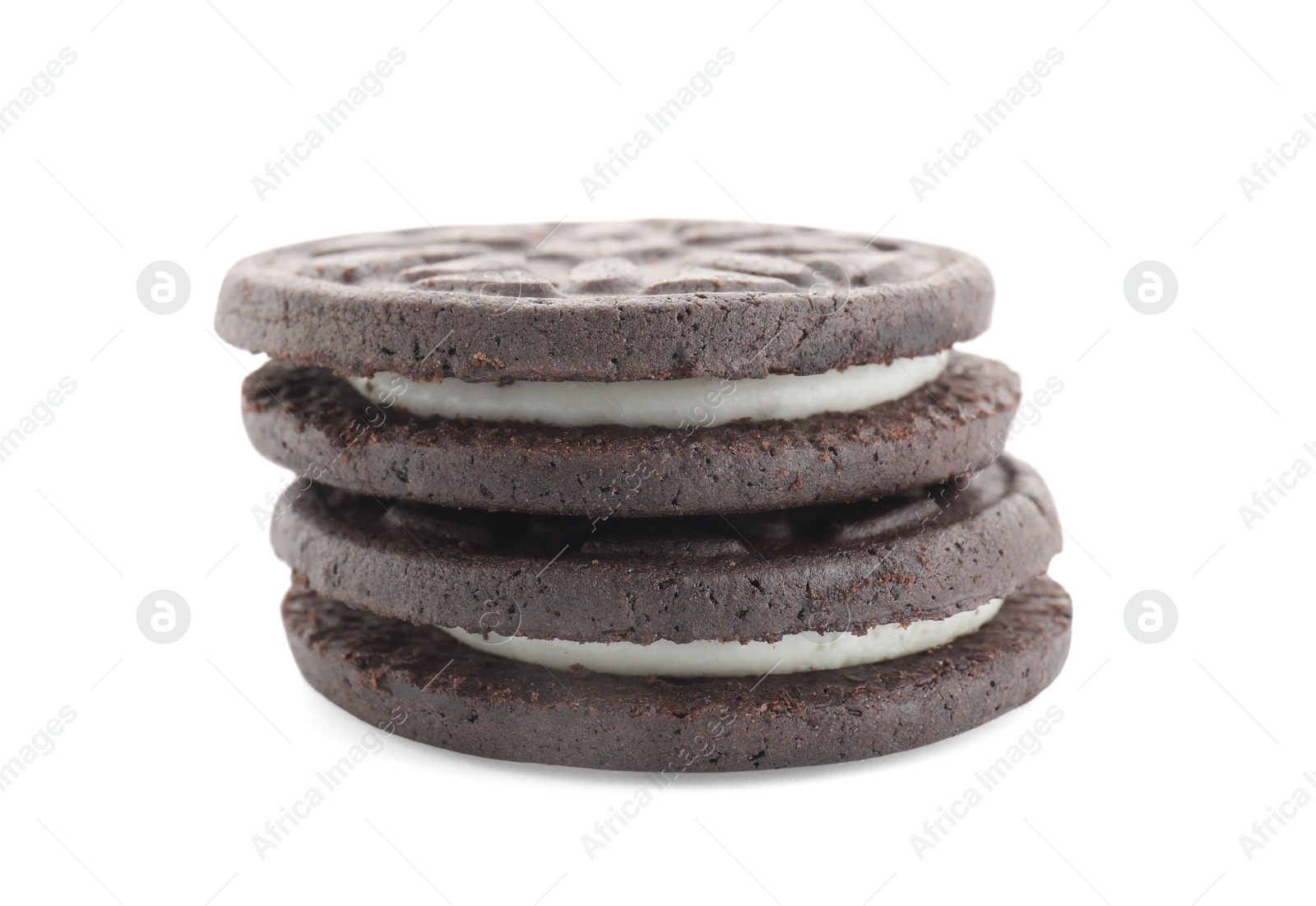 Photo of Two tasty sandwich cookies isolated on white