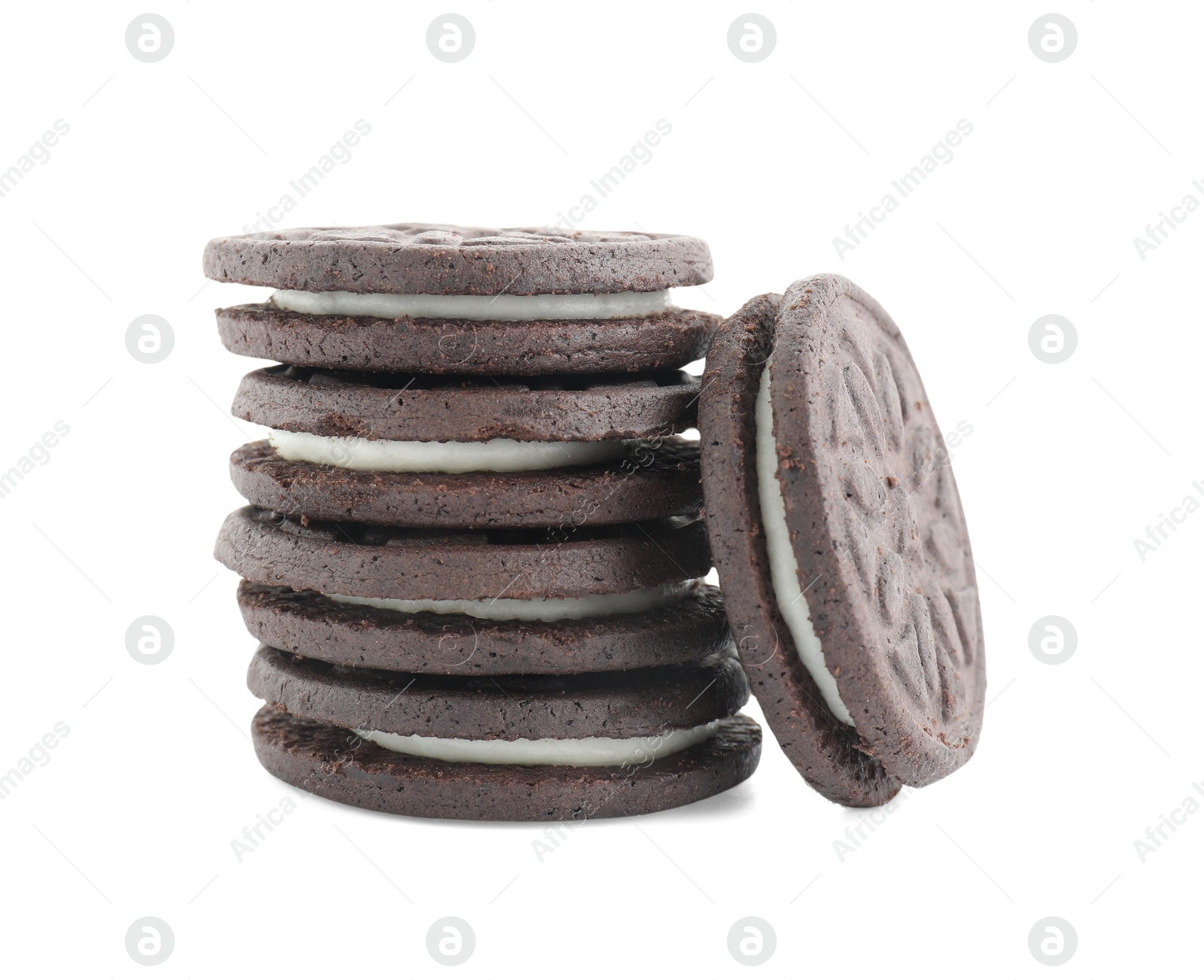 Photo of Many tasty sandwich cookies isolated on white