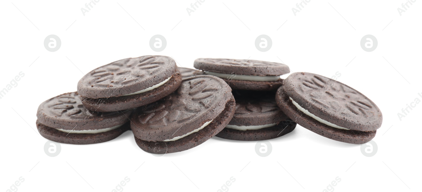 Photo of Many tasty sandwich cookies isolated on white