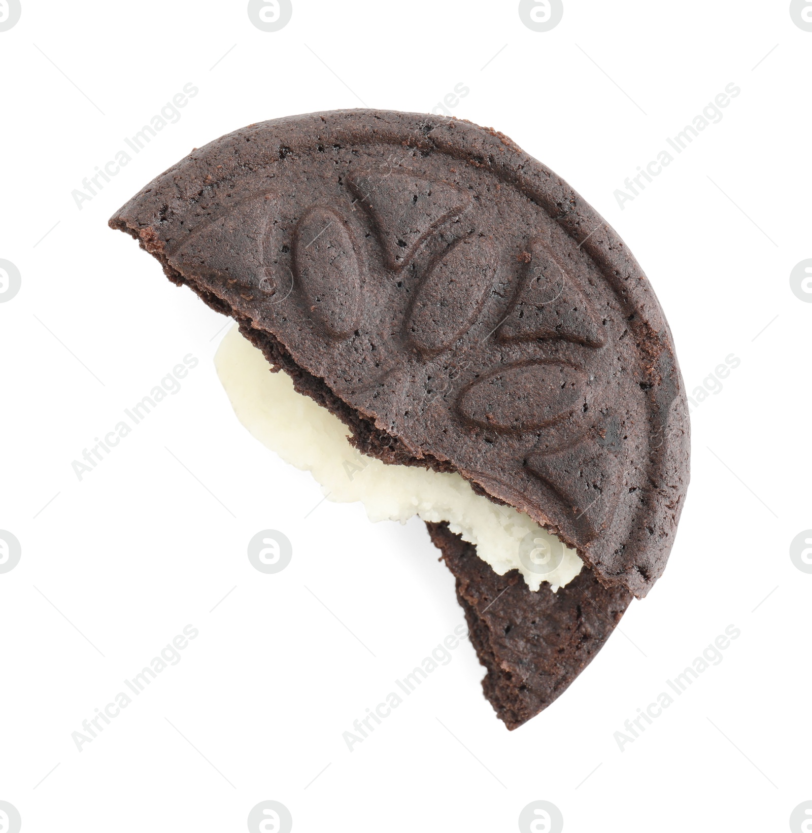 Photo of Broken tasty sandwich cookie isolated on white, top view