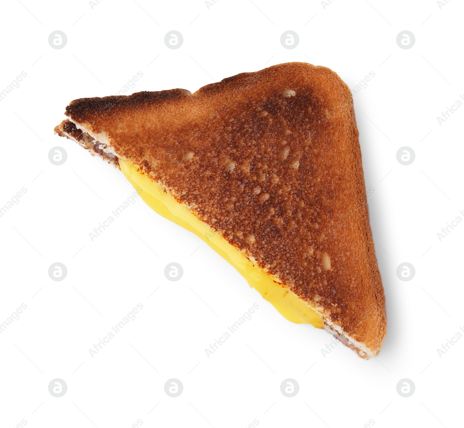 Photo of Piece of toasted bread with melted cheese isolated on white, top view