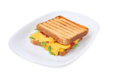 Tasty toasted bread with melted cheese, tomato and lettuce isolated on white