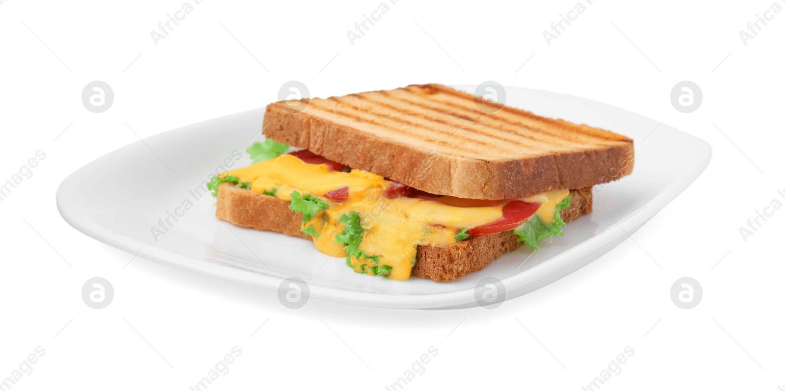 Photo of Tasty toasted bread with melted cheese, tomato and lettuce isolated on white