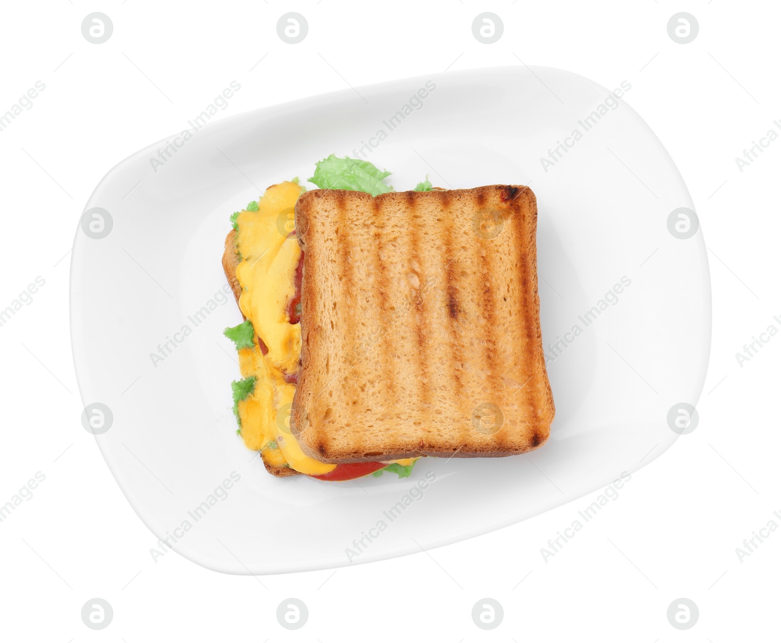 Photo of Tasty toasted bread with melted cheese, tomato and lettuce isolated on white, top view