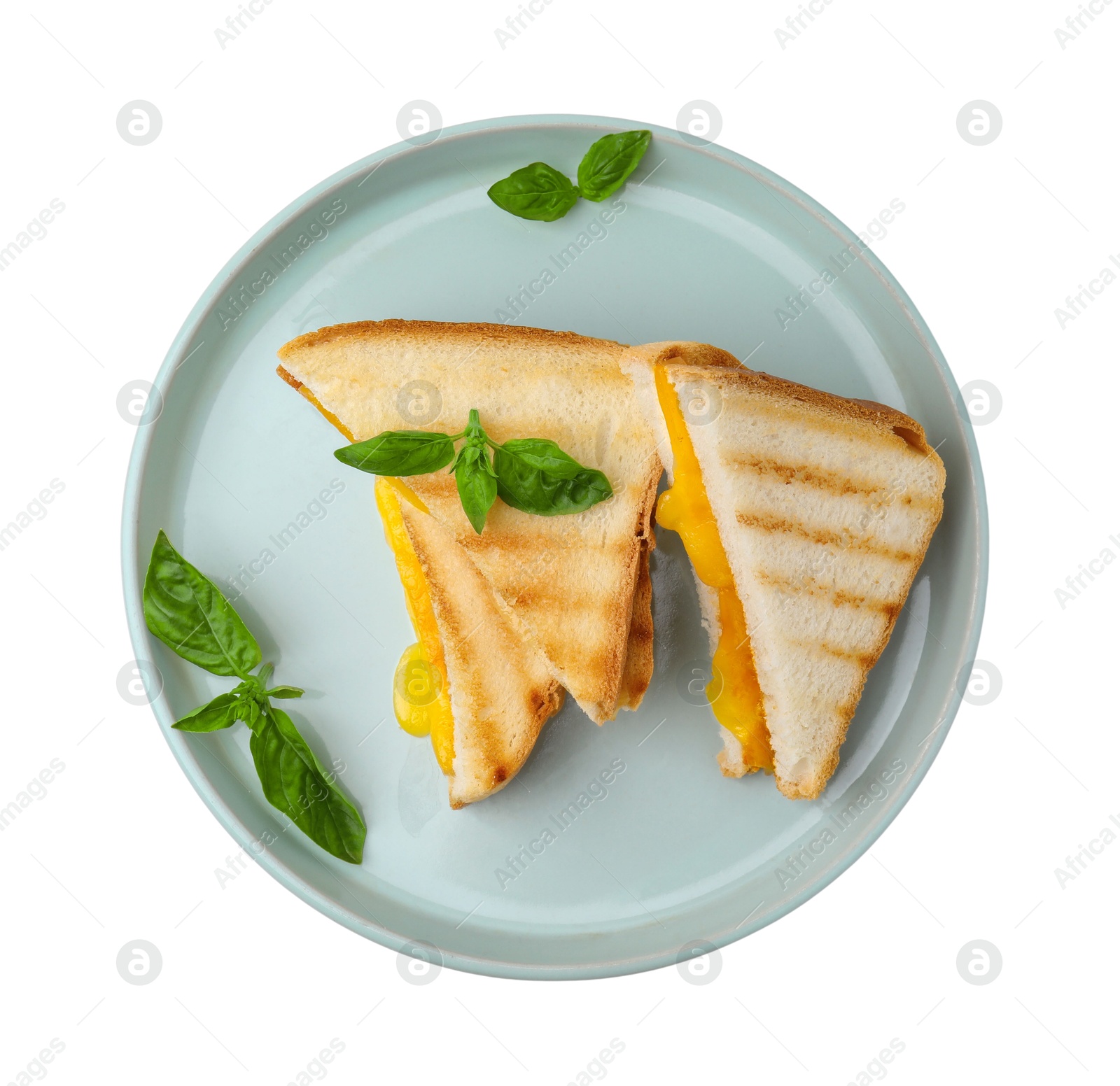 Photo of Pieces of toasted bread with melted cheese and basil isolated on white, top view