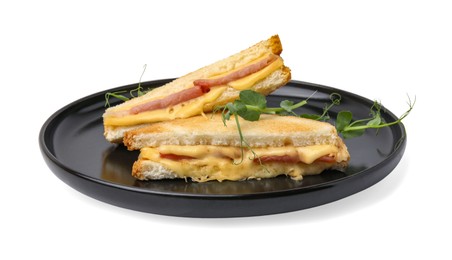 Photo of Pieces of toasted bread with melted cheese, ham and microgreens isolated on white