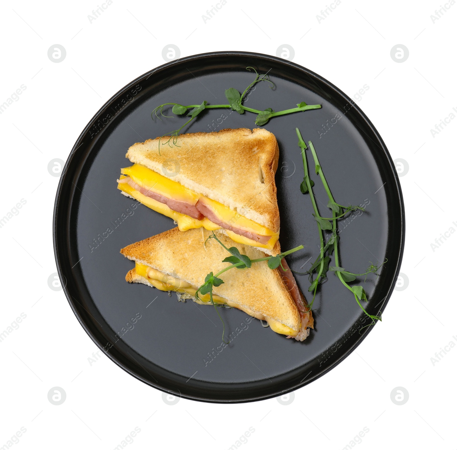 Photo of Pieces of toasted bread with melted cheese, ham and microgreens isolated on white, top view