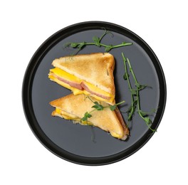 Photo of Pieces of toasted bread with melted cheese, ham and microgreens isolated on white, top view