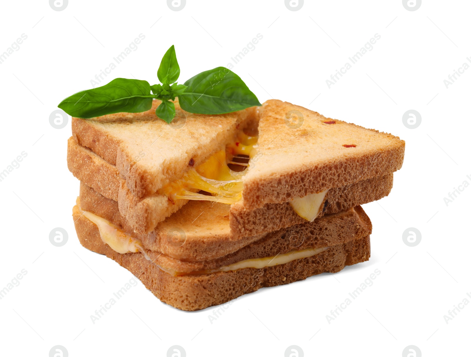 Photo of Pieces of toasted bread with melted cheese and basil isolated on white