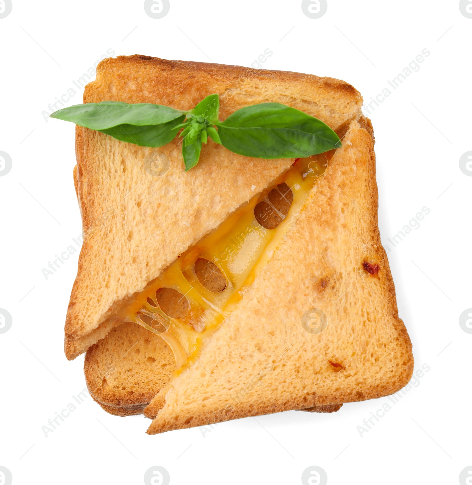 Photo of Pieces of toasted bread with melted cheese and basil isolated on white, top view