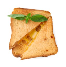 Photo of Pieces of toasted bread with melted cheese and basil isolated on white, top view